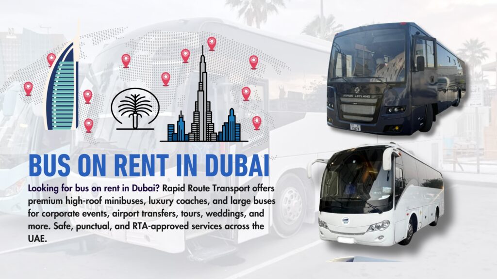 Luxury white bus rental from Rapid Route Transport on Dubai roads – perfect for group travel, events, and corporate shuttles in Dubai