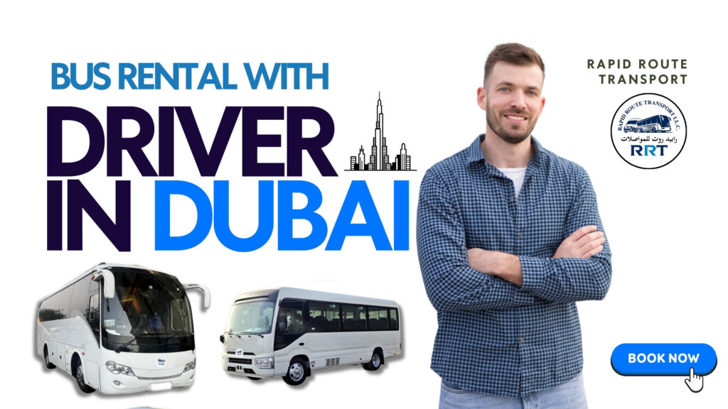 White luxury bus rental with driver in Dubai from Rapid Route Transport – ideal for corporate events, group tours & airport transfers