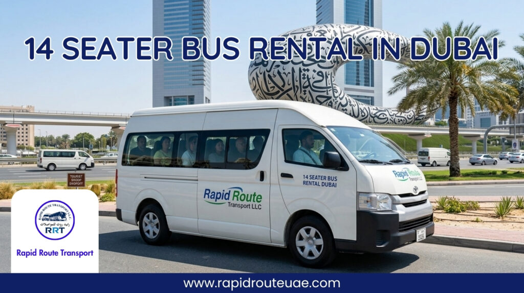 White Toyota Hiace 14-seater bus for rental in Dubai, parked near the Museum of the Future.