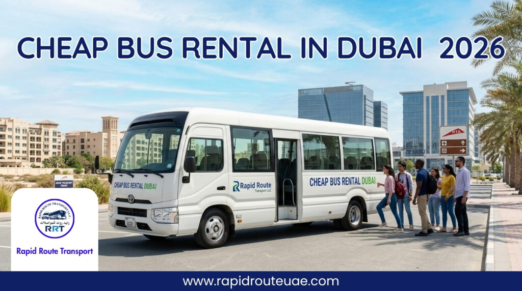 A clean, white standard 30-seater bus for affordable rental in Dubai, parked at a tourist landmark.
