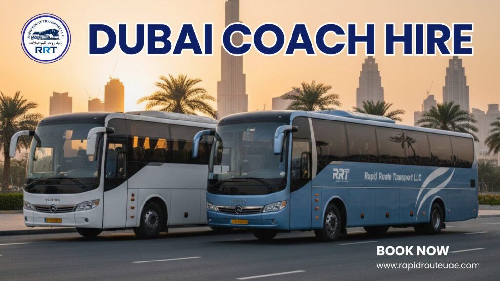 White luxury coach on Sheikh Zayed Road – dubai coach hire for group events and corporate travel