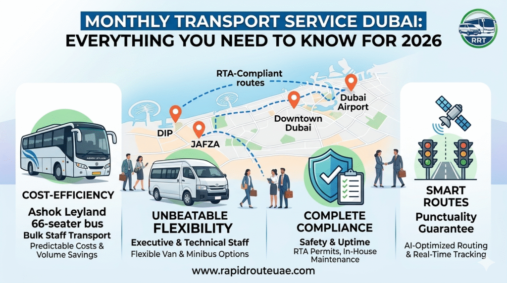 White luxury coach for monthly transport service in Dubai — Rapid Route Transport UAE
