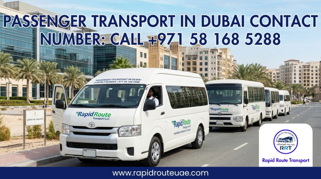 "Contact Rapid Route Transport LLC in Dubai at +971 58 168 5288 for professional passenger transport and bus rental services."