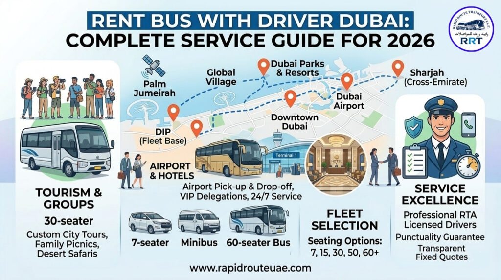 White luxury coach to rent with driver in Dubai for staff transport — Rapid Route Transport UAE
