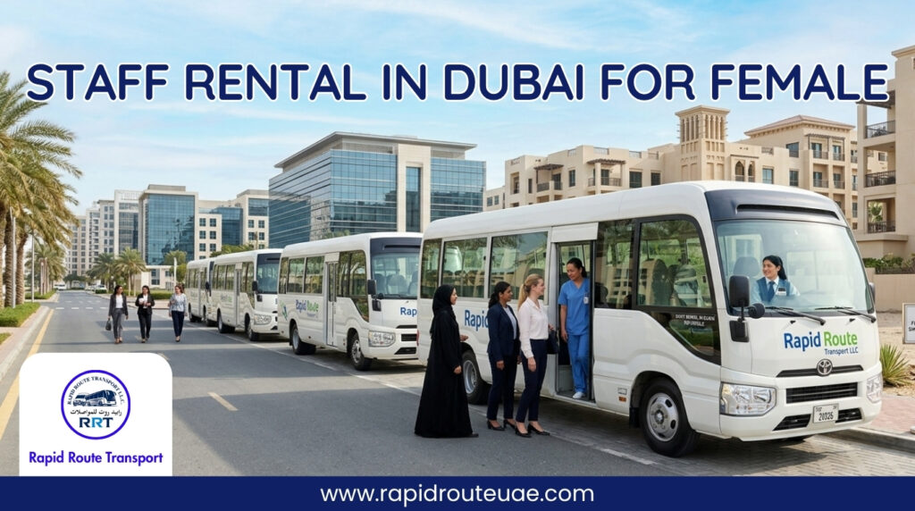 A professional group of female employees boarding a white Rapid Route 30-seater bus in a bright, secure Dubai business district.