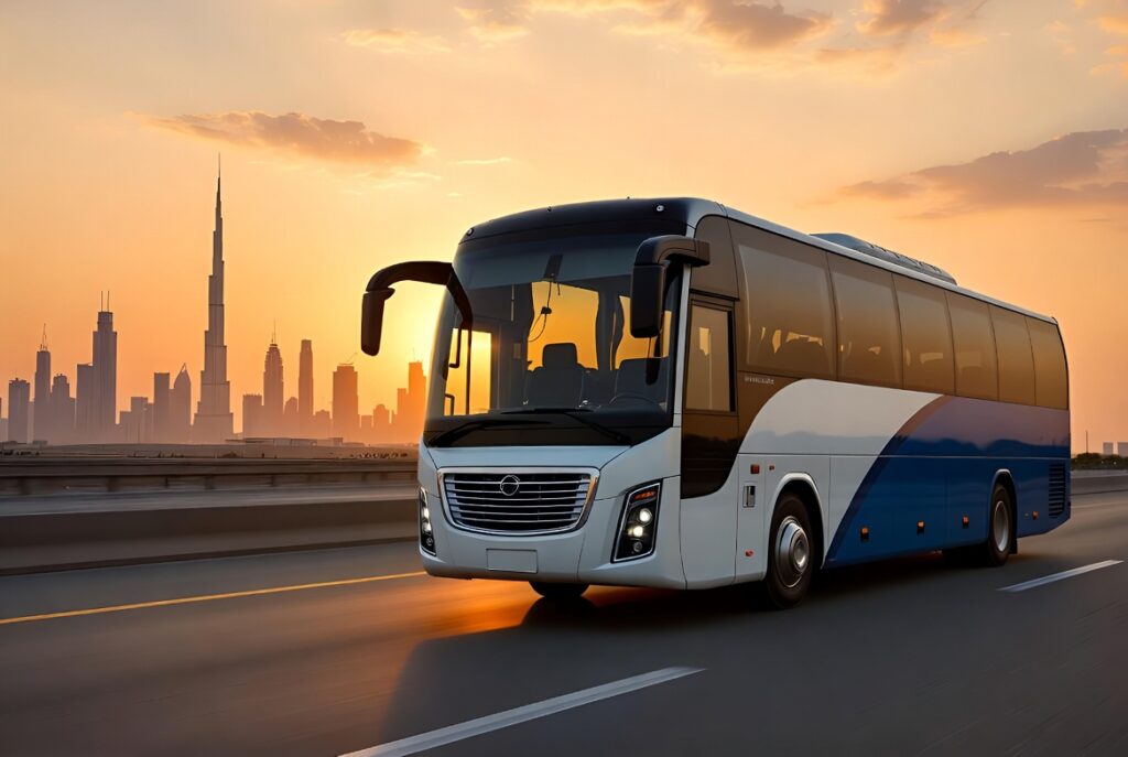 Best staff transport company in Dubai 7 key factors 2026 with modern RTA licensed fleet on highway