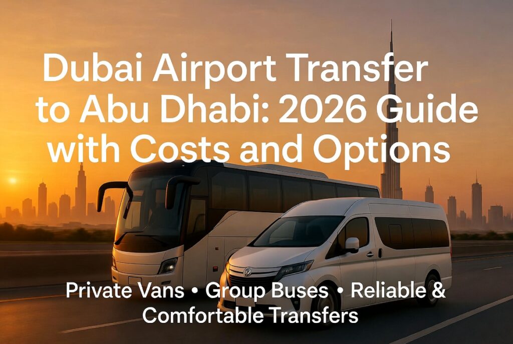 Dubai airport transfer to Abu Dhabi guide with costs and options modern private van and bus
