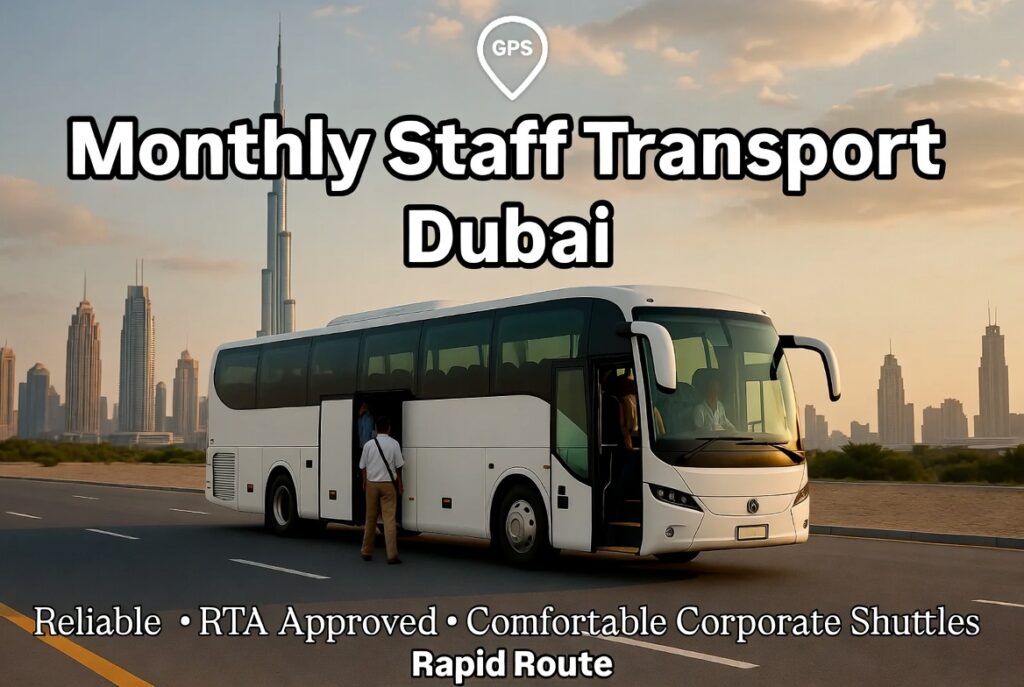 Monthly staff transport Dubai corporate shuttle bus picking up employees