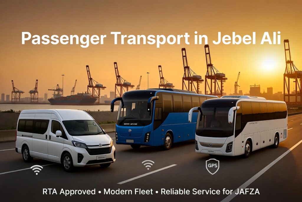 Modern corporate bus providing passenger transport in Jebel Ali Free Zone