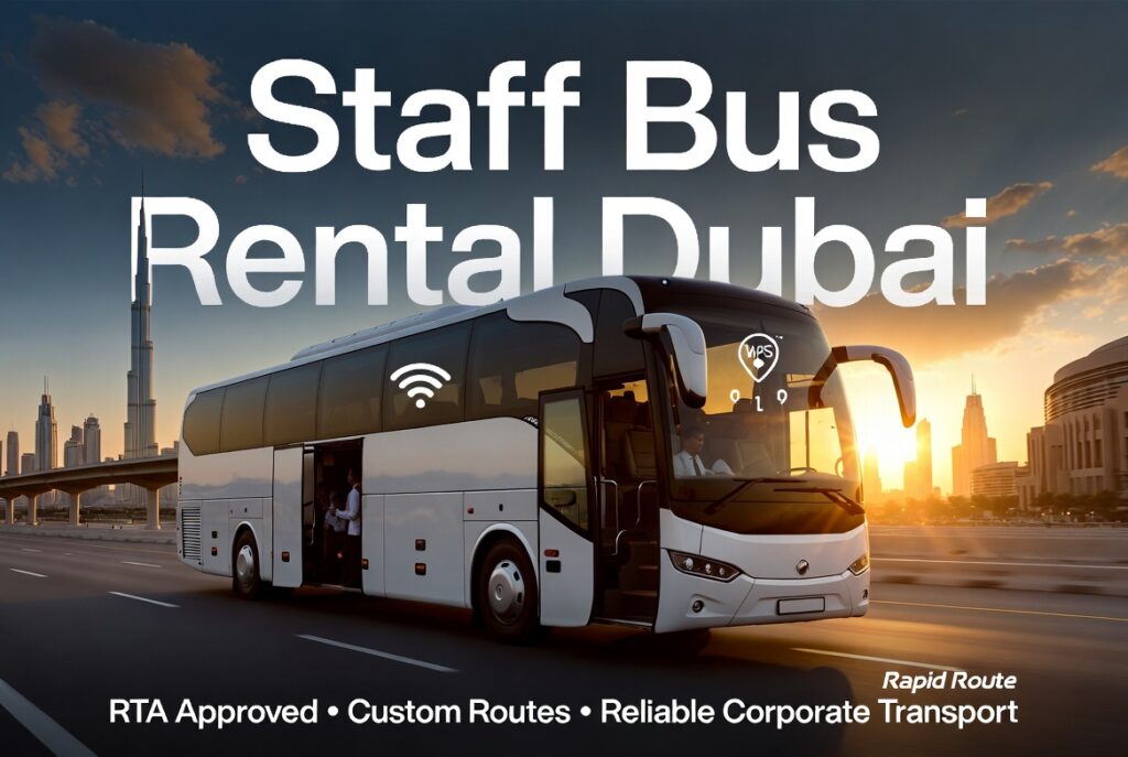 Modern white staff bus rental Dubai on highway with Burj Khalifa background