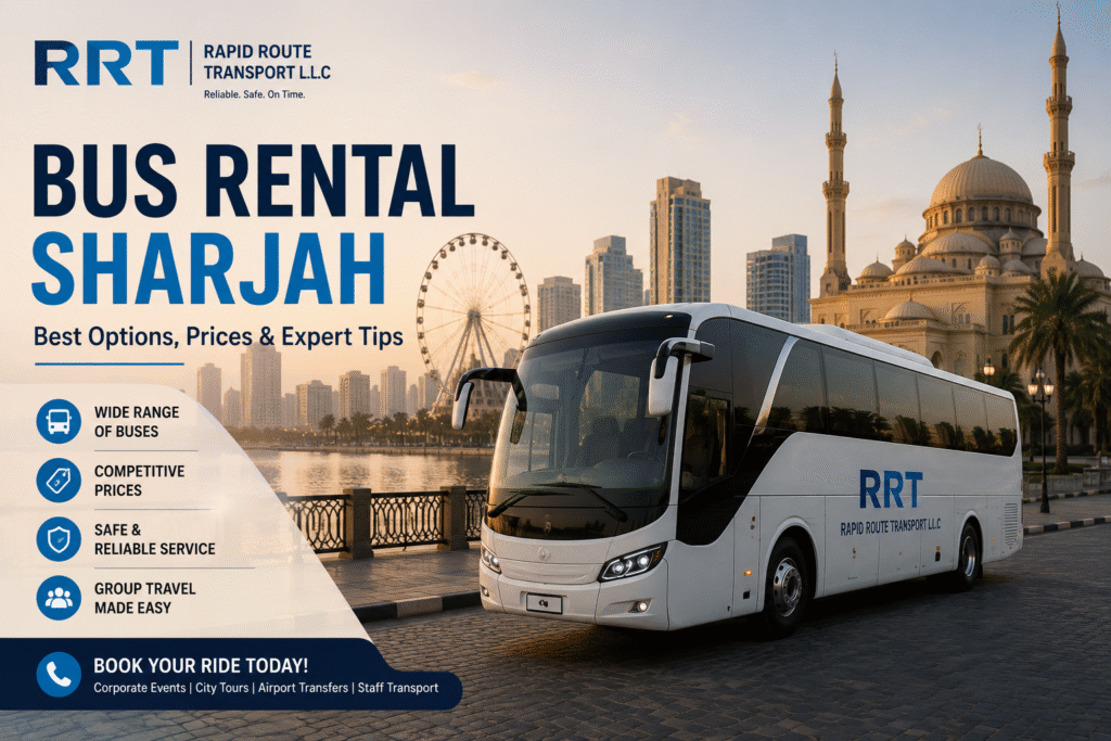 Sharjah bus rental with modern coach bus for group travel and corporate transport UAE