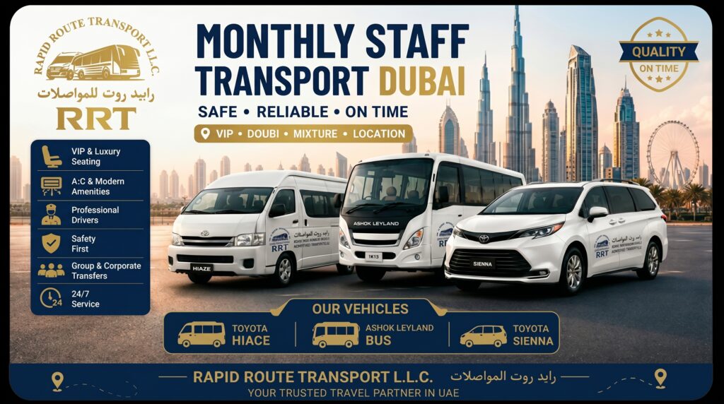 A modern commercial vehicle lineup of Rapid Route Transport LLC featuring executive vans and staff buses under bright daylight with Dubai skyscrapers in the background.