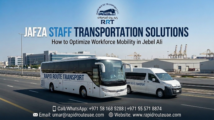 JAFZA staff transportation solutions with corporate buses parked in Dubai Jebel Ali Free Zone